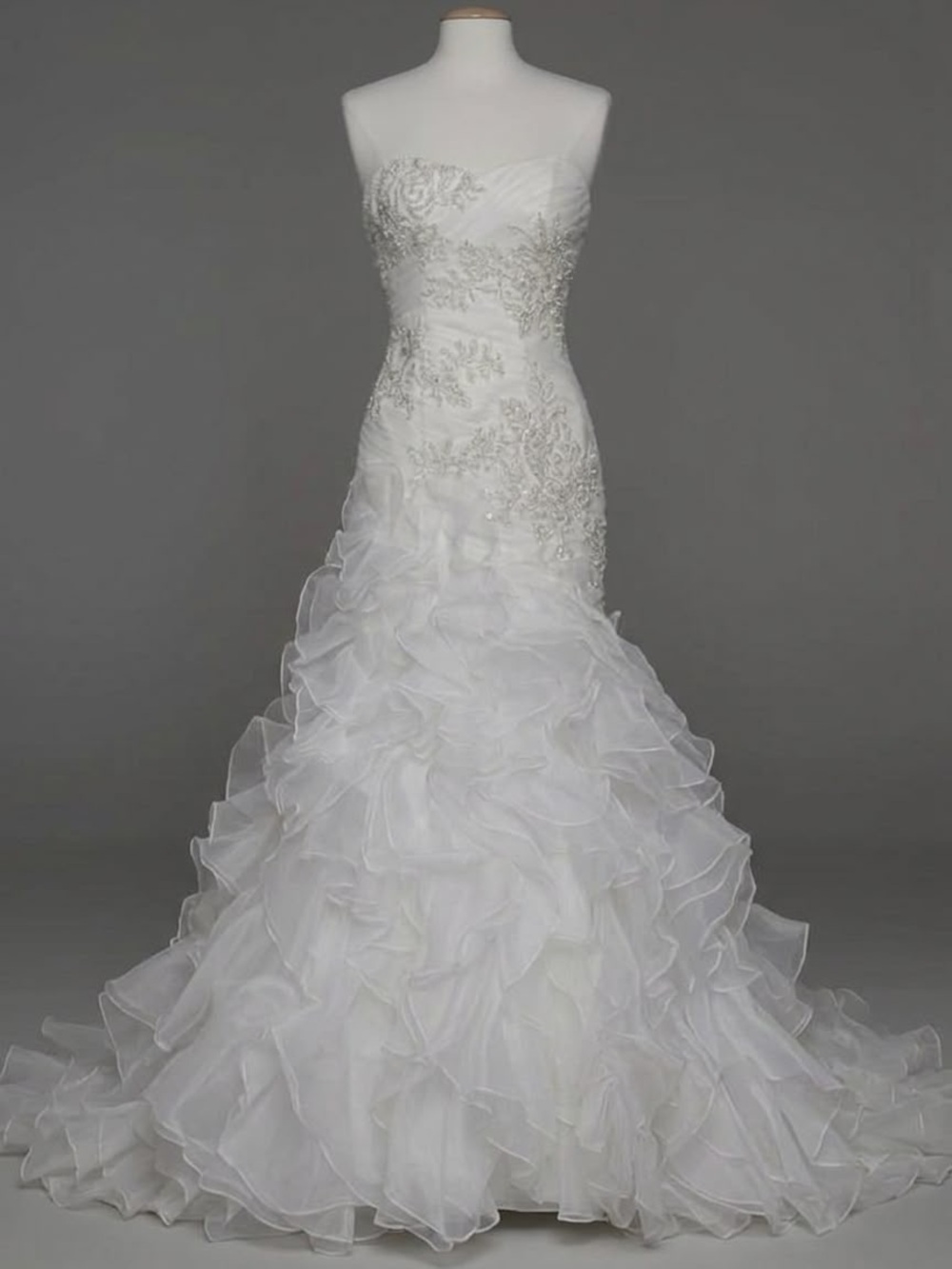 Strapless White Ruffled Wedding Gown with Beaded Appliqué